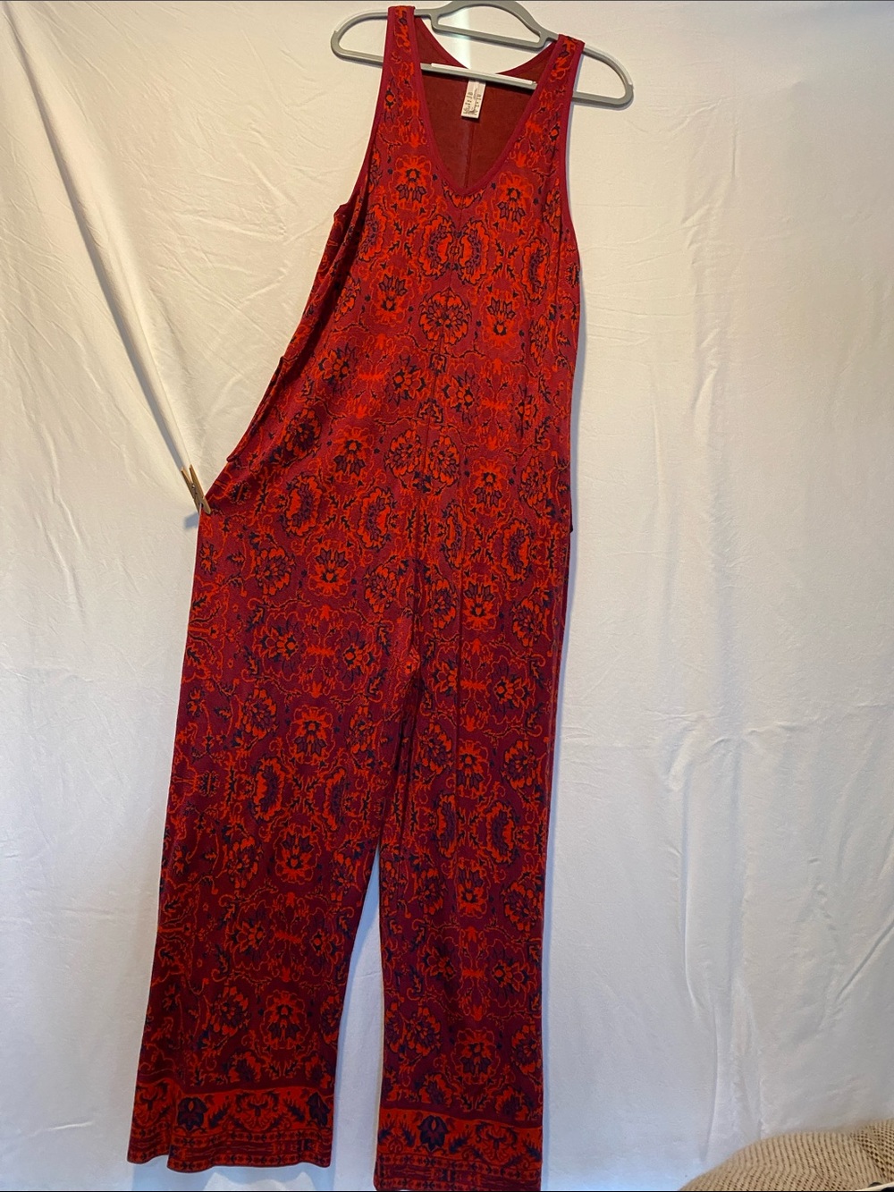 Free People Red Paisley-Print Sleeveless V-Neck Jumpsuit